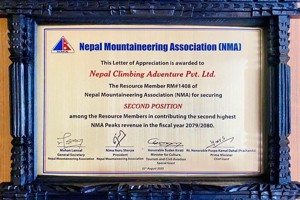Nepal Climbing Adventure awarded as the Second Highest Peak Seller, 2022/23